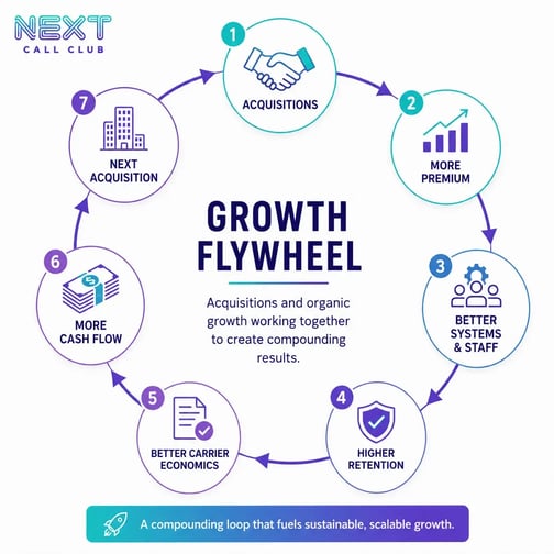 Insurance agency owner planning a growth strategy that combines acquisitions with organic business growth, creating a compounding cycle of premium, staffing, leads, and systems.