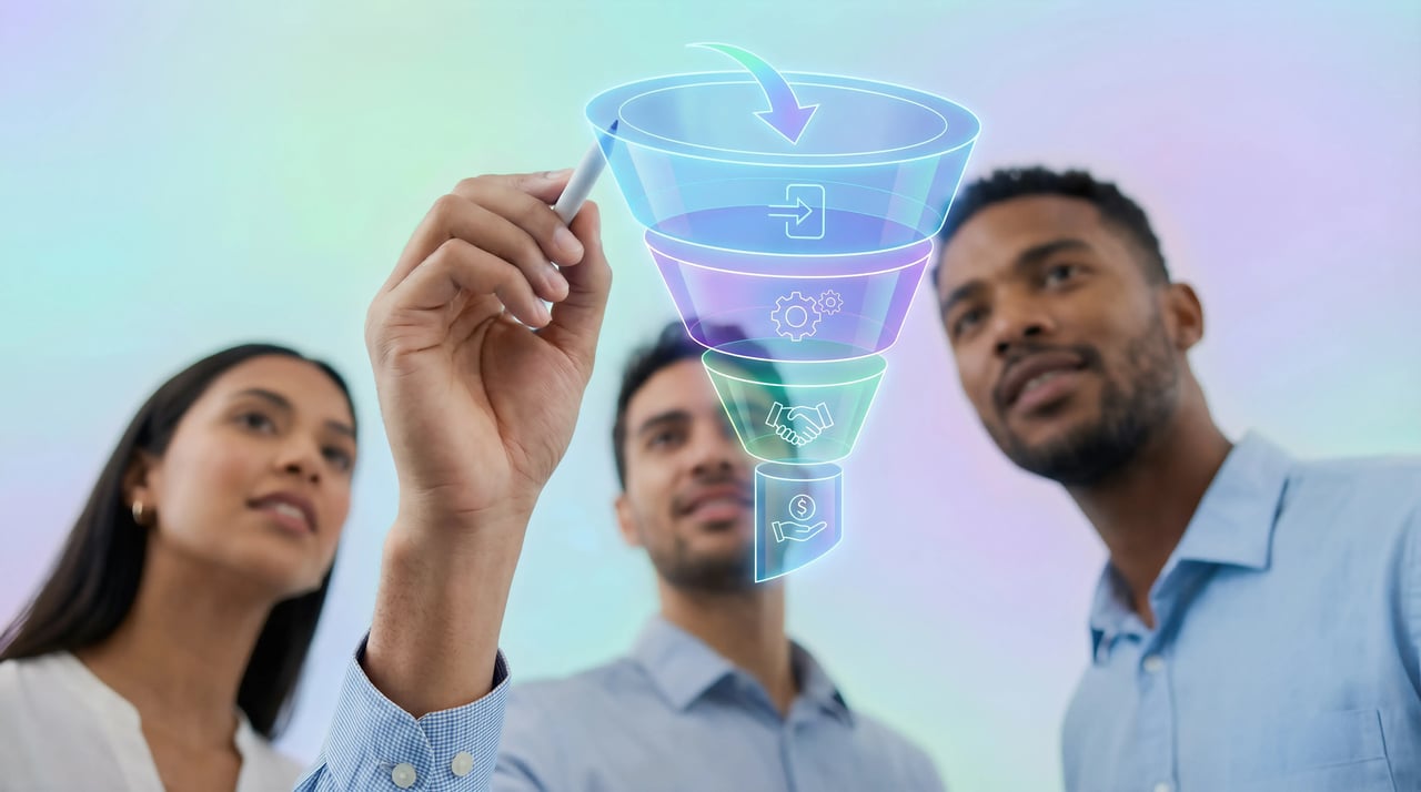 Three people sketch out a digital hologram of a lead funnel, illustrating building a smarter insurance lead funnel.
