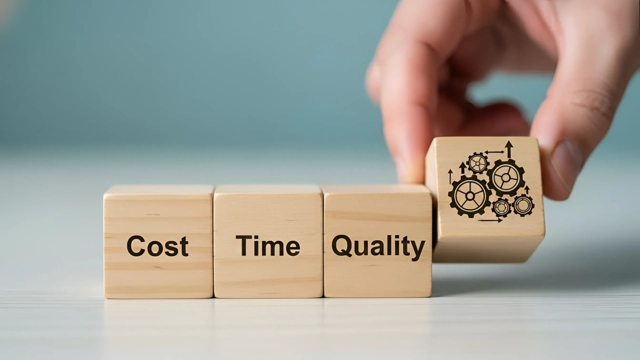 An image illustration featuring wooden blocks that say cost, time, and quality, then a final fourth block with a gear, illustrating the cost of poor lead quality.