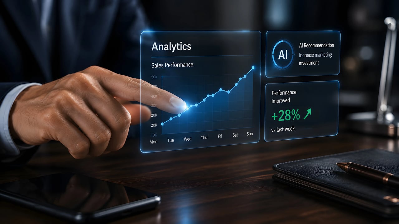 Business owner reviewing a real-time reporting dashboard to monitor current performance and make faster data-driven decisions.