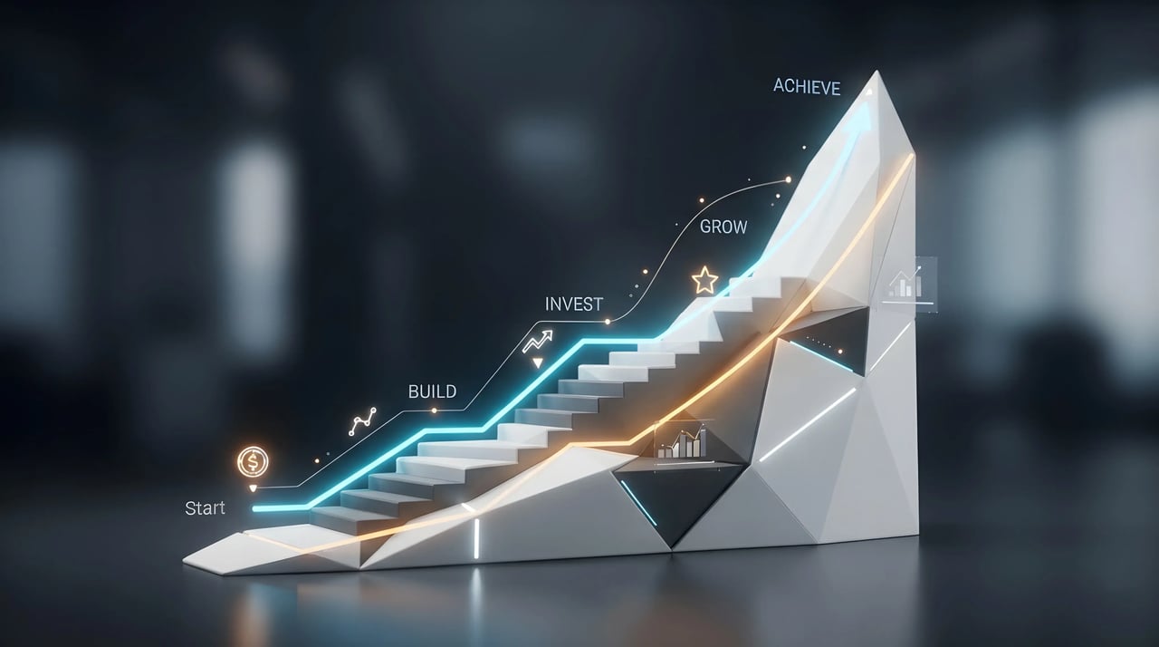 Business growth timeline showing a gradual transition from initial setup and monitoring to stable performance data and optimization.