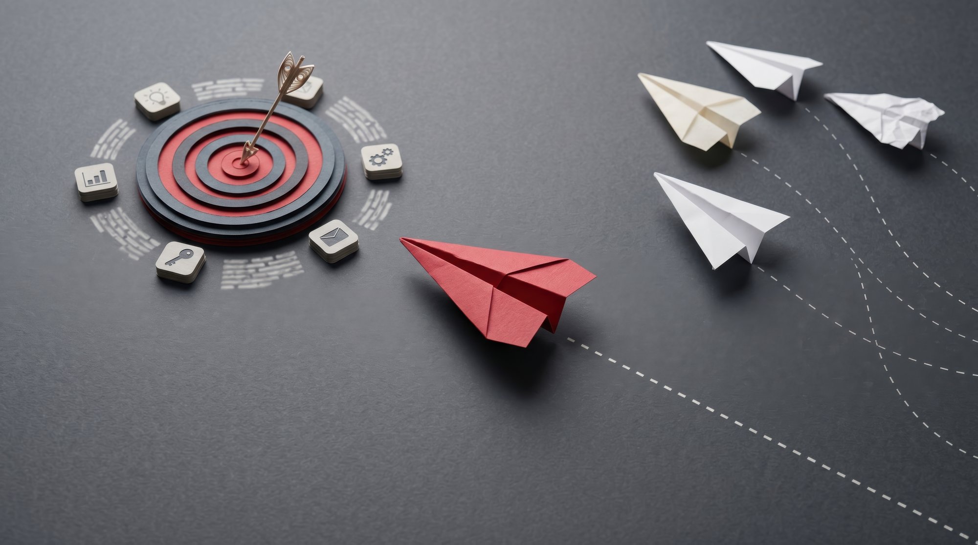 Paper planes fly toward a bullseye, illustrating why traditional lead routing falls short.