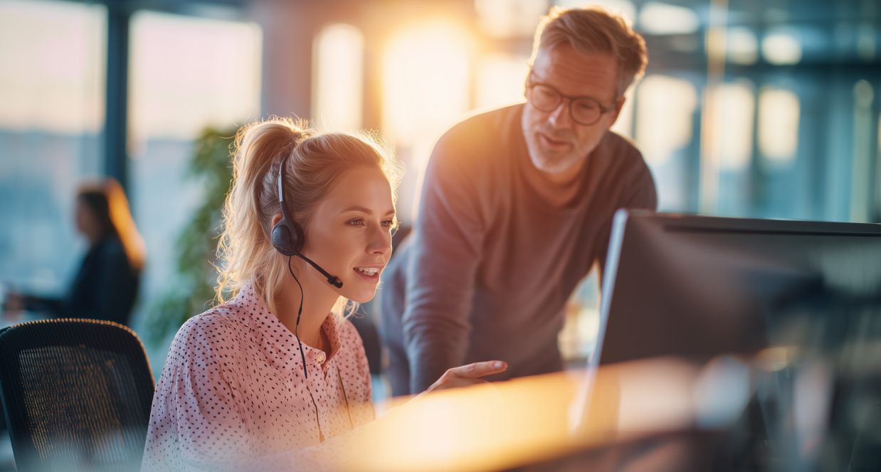 A young insurance professional is mentored by an older associate as part of a featured image for a blog titled how to know when to train new insurance agents