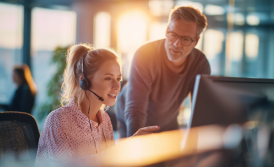 A young insurance professional is mentored by an older associate as part of a featured image for a blog titled how to know when to train new insurance agents